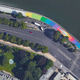 Grand murals adorn the pavement of the newly pedestrian-only road along the Seine